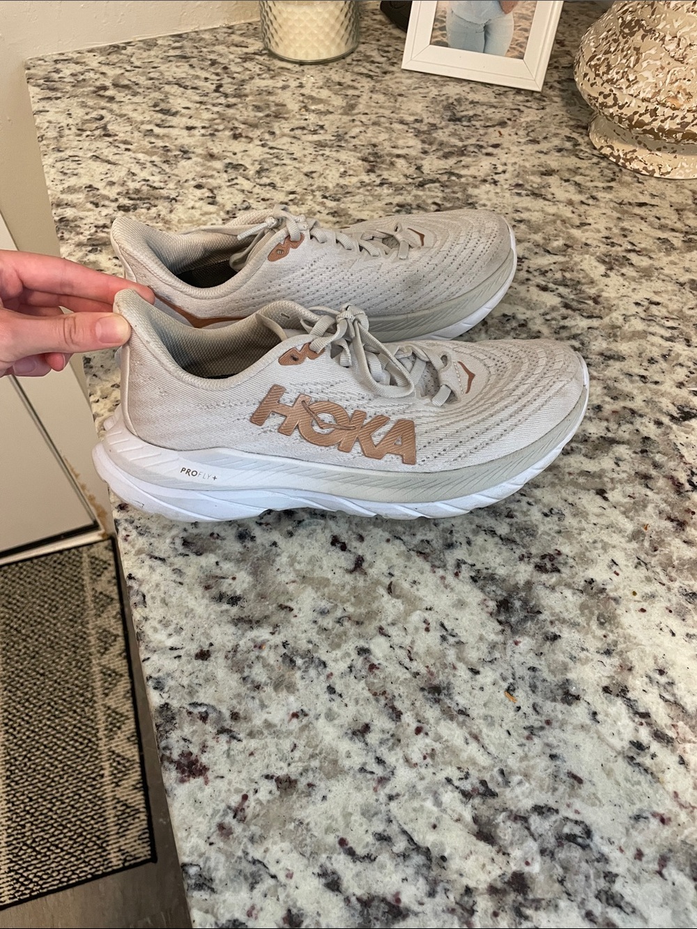 Hoka Women's Neutral Run Knit Sneakers in Light Beige with Tan Logo 7.5